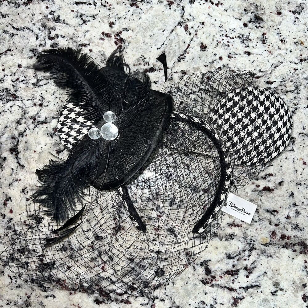 Disney Parks Houndstooth Minnie Mouse Ears Headband Net Hat Feathers Jewel Black